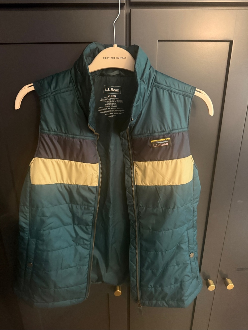 L.L. Bean women’s MED Teal Quilted Puffer Vest with Navy & Cream Accents